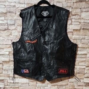 Diamond Plate Black Leather Vest with Patches Biker Vest